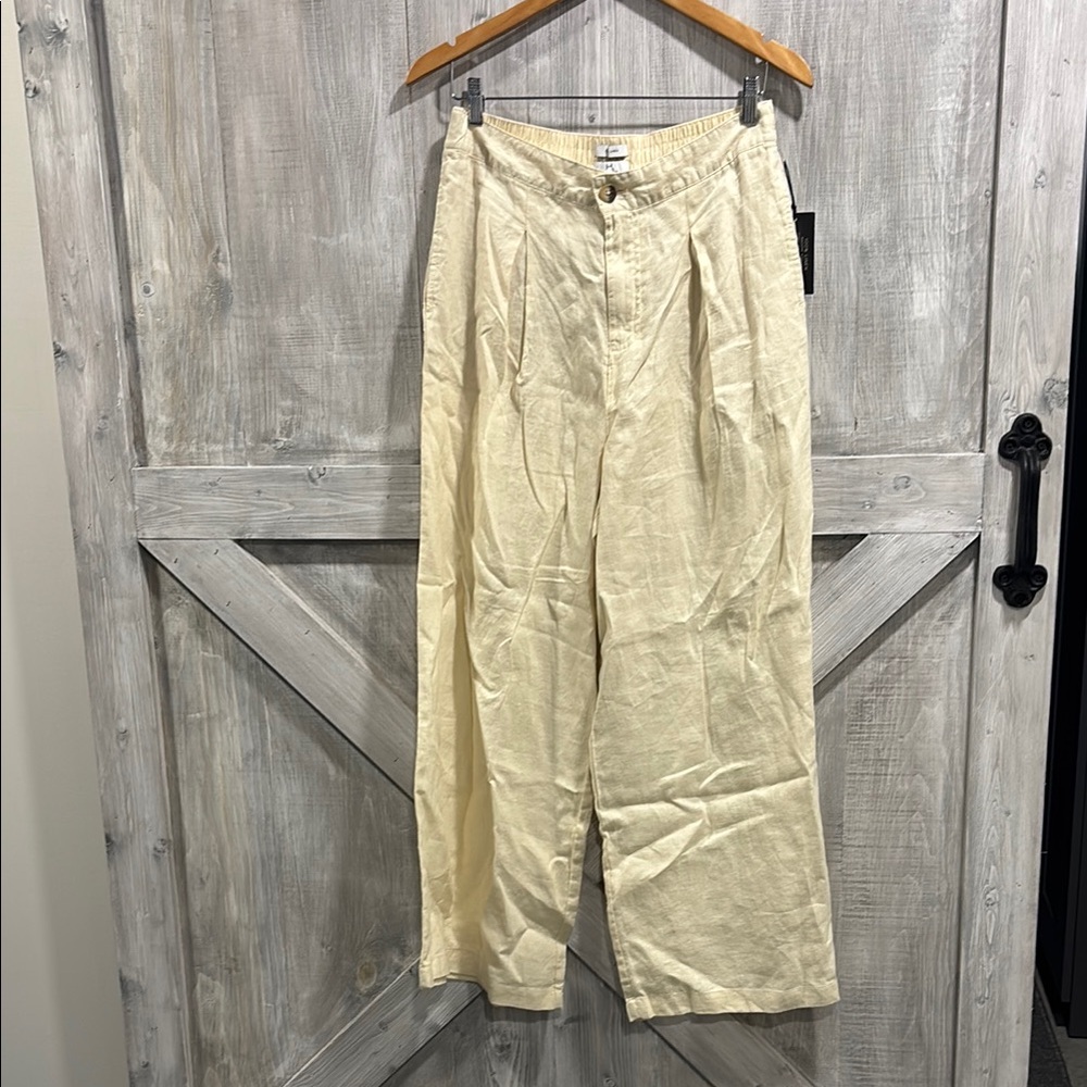 Halston 100% linen women’s butter yellow wide leg pants size L NWT L1